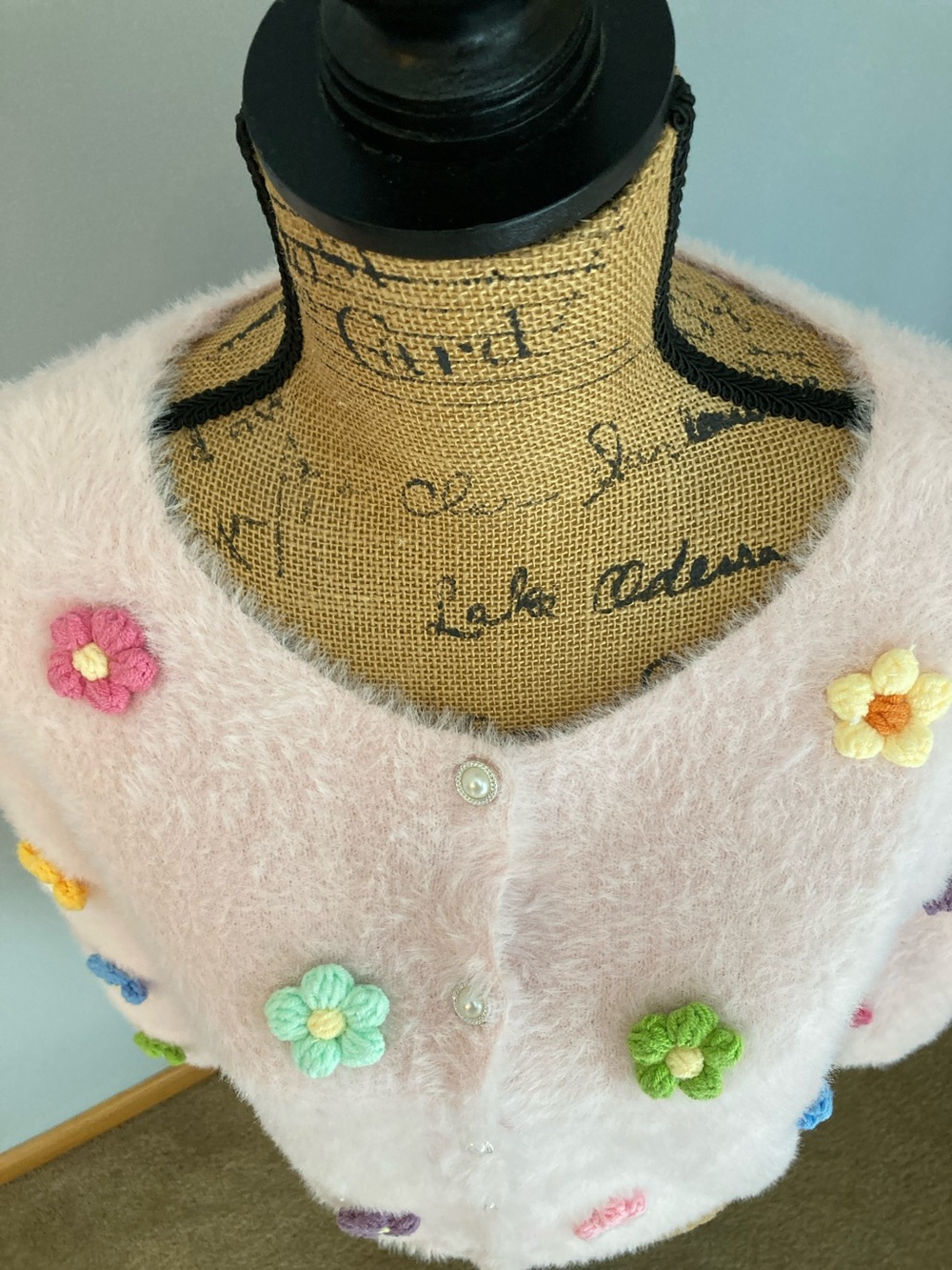 NWOT Lola + The Boys Pink Fuzzy Cardigan Multi 3D Crochet Flowers Girls Size 12 - Picture 2 of 9